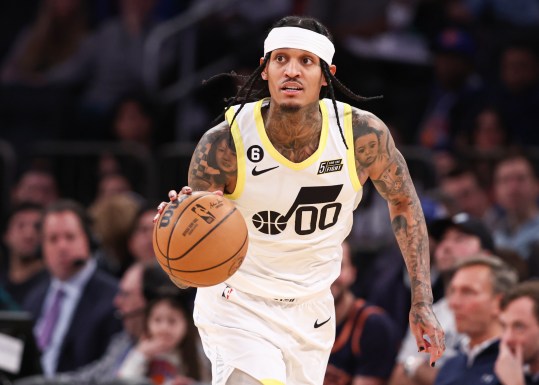 Utah Jazz guard Jordan Clarkson (00) dribbles up court against the New York Knicks during the second half at Madison Square Garden