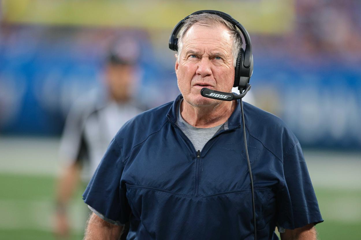 New England Patriots head coach Bill Belichick looks up during the first half against the New York Giants at MetLife Stadium