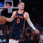 Apr 12, 2024; New York, New York, USA; New York Knicks guard Donte DiVincenzo (0) dribbles up court during the second half against the Brooklyn Nets at Madison Square Garden. Mandatory Credit: Vincent Carchietta-USA TODAY Sports