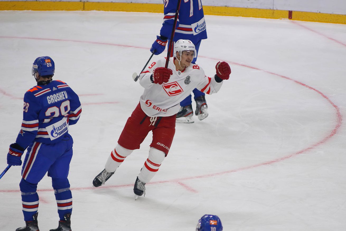 Spartak Hockey Club player, Maxim Tsyplakov (No.9) seen in...