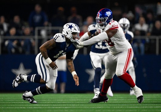 Nov 24, 2022; Arlington, Texas, USA; Dallas Cowboys linebacker Micah Parsons (11) and New York Giants offensive tackle Andrew Thomas (78) in action during the game between the Dallas Cowboys and the New York Giants at AT&T Stadium. Mandatory Credit: Jerome Miron-USA TODAY Sports