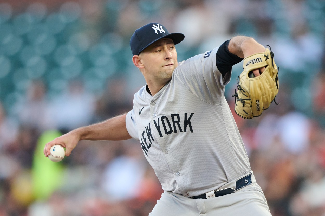 Jun 1, 2024; San Francisco, California, USA; New York Yankees starting pitcher Cody Poteet (72) throws a pitch against the San Francisco Giants during the first inning at Oracle Park. Mandatory Credit: Robert Edwards-USA TODAY Sports