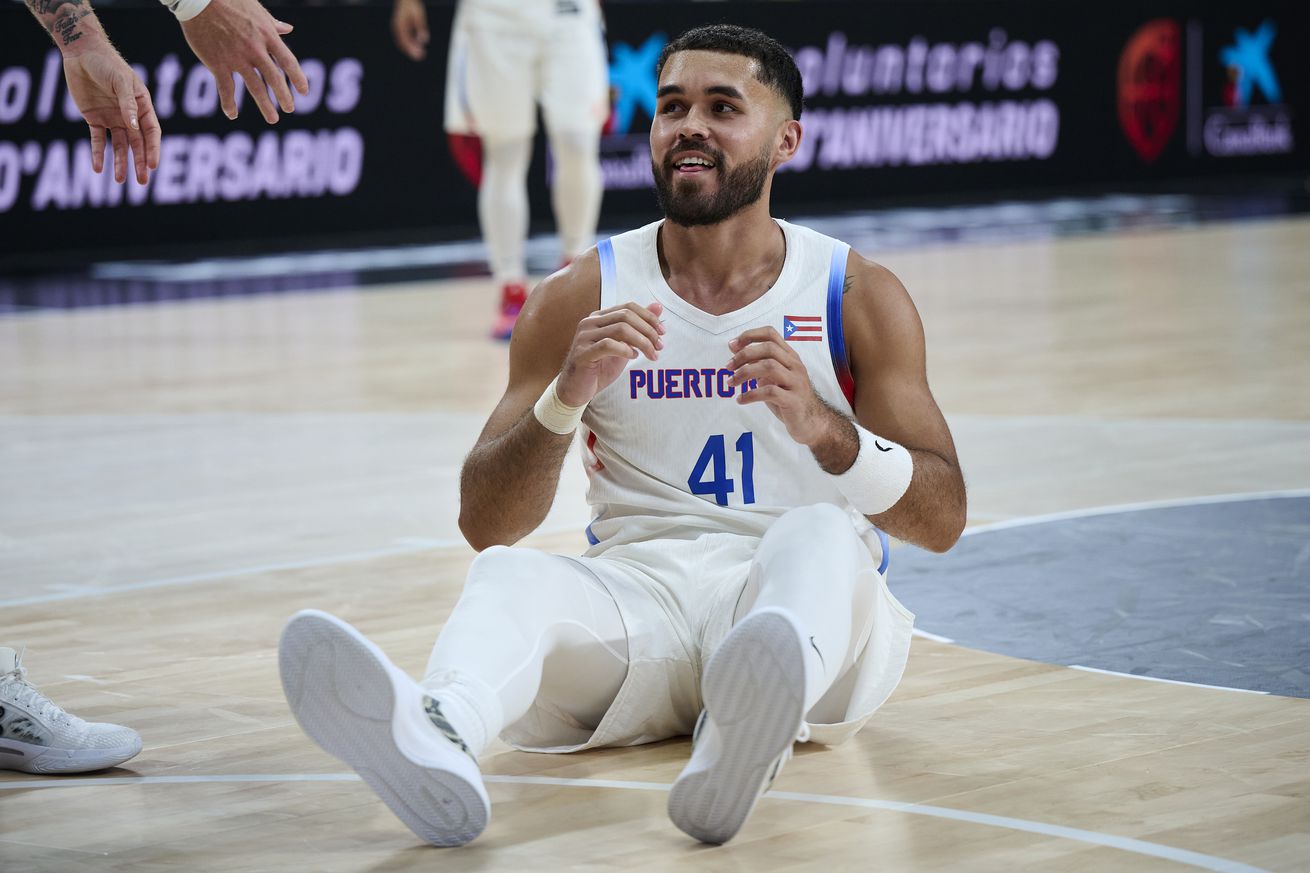 Arnaldo Toro #41 of Puerto Rico in action during friendly match between Spain and Puerto Rico to preparation for Paris Olympic Games at WiZink Center on July 23, 2024 in Madrid, Spain.