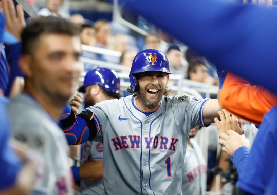 Jul 22, 2024; Miami, Florida, USA;  New York Mets second baseman Jeff McNeil (1) celebrates his home run against  the Miami Marlins in the second inning at loanDepot Park. Mandatory Credit: Rhona Wise-USA TODAY Sports