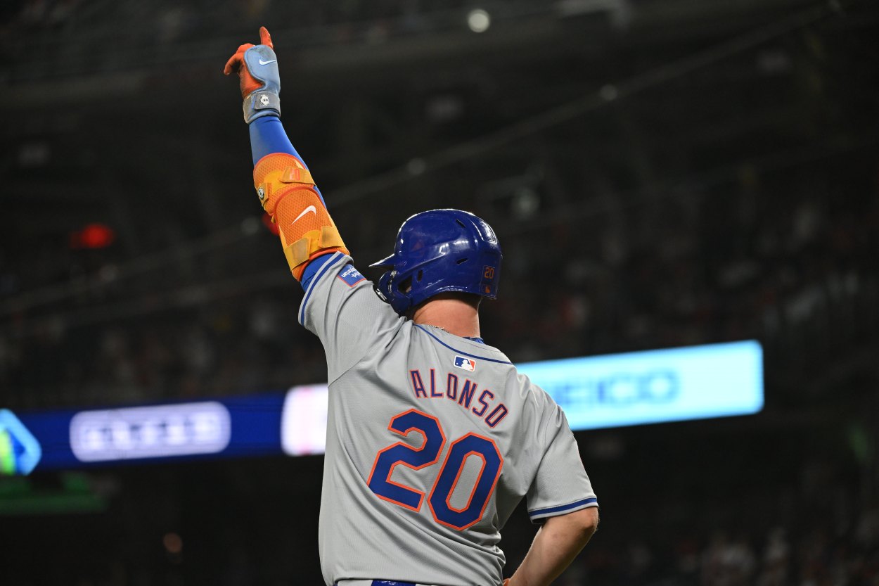 Jul 1, 2024; Washington, District of Columbia, USA; New York Mets first baseman Pete Alonso (20) reacts after a three run home run by designated hitter J.D. Martinez (28) (not pictured) against the Washington Nationals during the tenth inning at Nationals Park. Mandatory Credit: Rafael Suanes-USA TODAY Sports