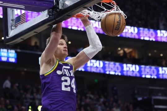 Dec 13, 2023; Salt Lake City, Utah, USA; Utah Jazz center Walker Kessler (24) dunks the ball against the New York Knicks during the third quarter at Delta Center. Mandatory Credit: Rob Gray-USA TODAY Sports