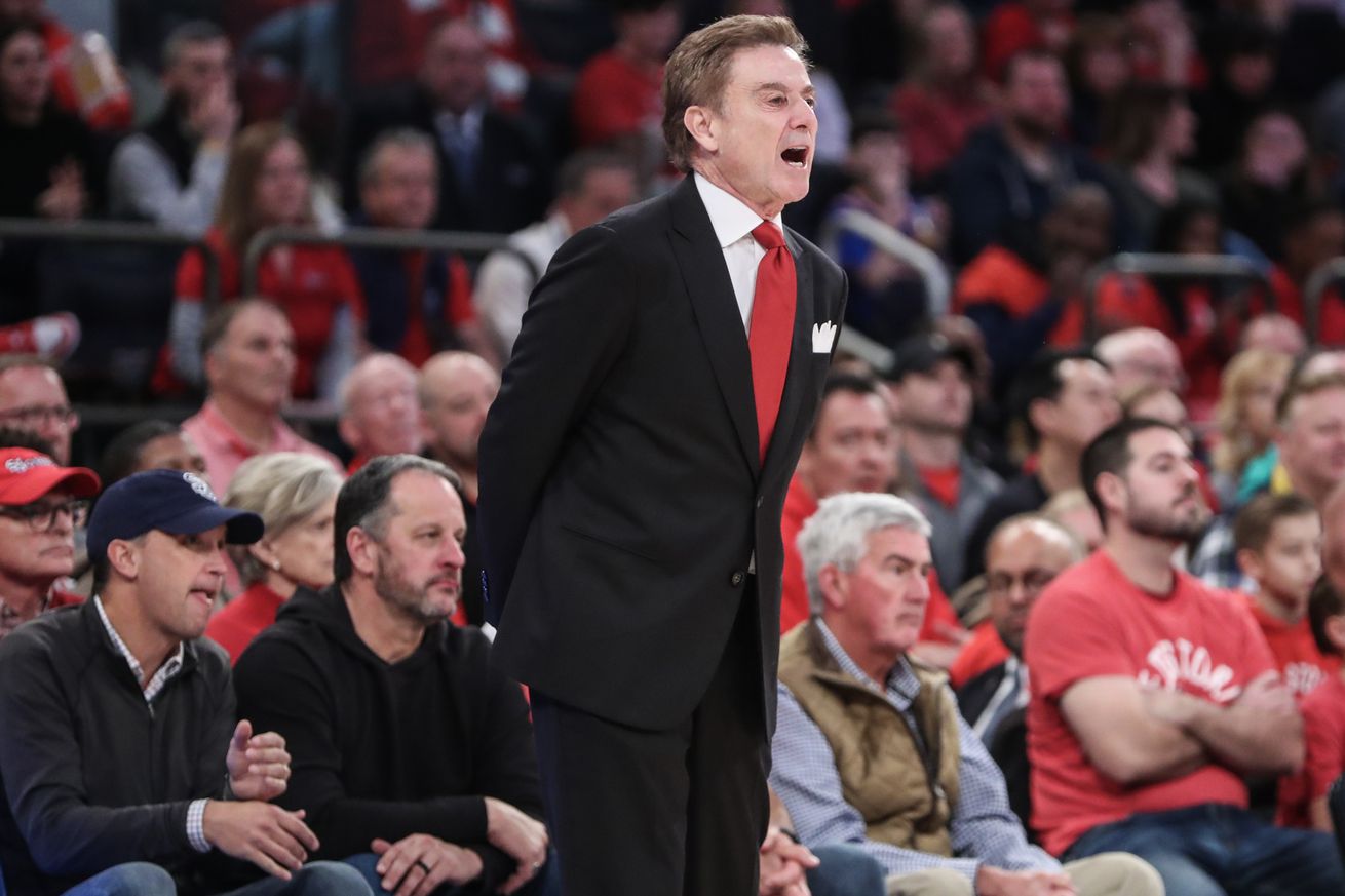 St. John’s Red Storm head coach Rick Pitino yells out instructions in the first half against the Connecticut Huskies at Madison Square Garden. Mandatory Credit: Wendell Cruz