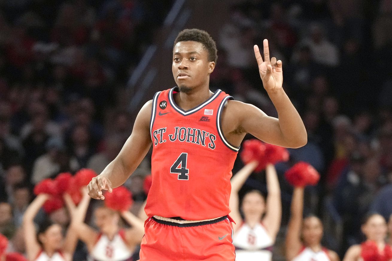 Nahiem Alleyne #4 of the St. John’s Red Storm signals a play during the Quarterfinals of the Big East Basketball Tournament against the Seton Hall Pirates at Madison Square Garden on March 14, 2024 in New York City.