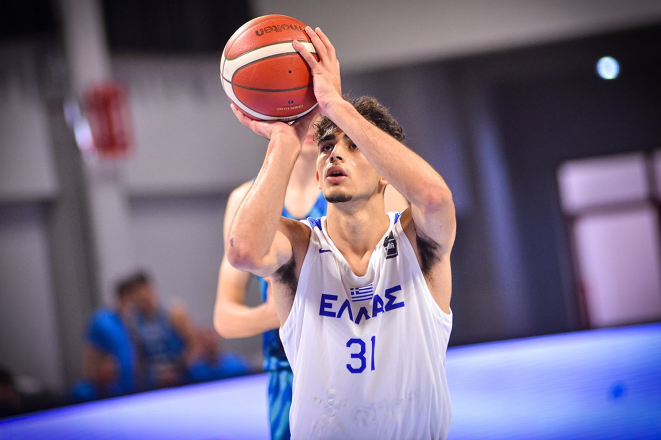 Lefteris Liotopoulos (31) takes a free throw shot during a Slovenia vs. Greece basketball game at the 2023 FIBA under-18 European Championship. Credit: Filip Viranovski and FIBA.com.