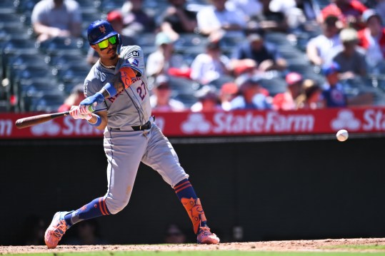 Aug 4, 2024; Anaheim, California, USA; New York Mets third baseman Mark Vientos (27) is forced out at first base against the Los Angeles Angels during the sixth inning at Angel Stadium. Mandatory Credit: Jonathan Hui-USA TODAY Sports