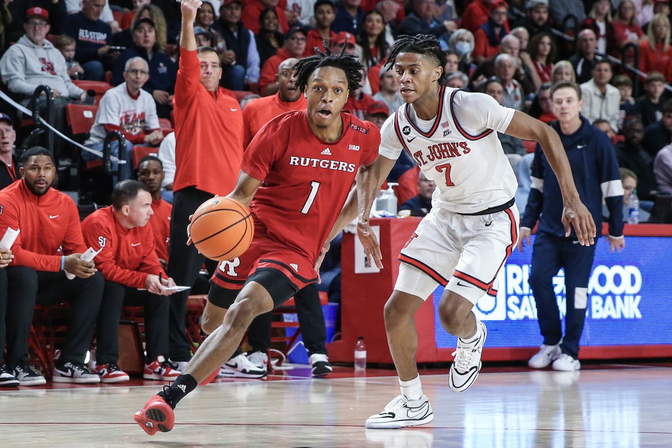 Rutgers Scarlet Knights guard Jamichael Davis (1) drives against St. John’s Red Storm guard Simeon Wilcher (7) in the first half at Carnesecca Arena. Mandatory Credit: Wendell Cruz