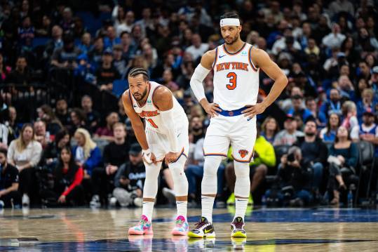 Feb 14, 2024; Orlando, Florida, USA; New York Knicks guard Jalen Brunson (11) and guard Josh Hart (3) wait for the ball against the Orlando Magic in the second quarter at KIA Center. Mandatory Credit: Jeremy Reper-Imagn Images