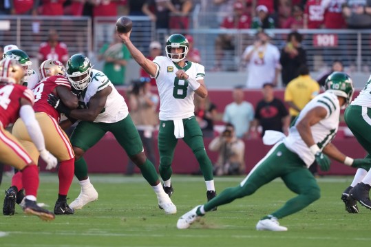 Sep 9, 2024; Santa Clara, California, USA; New York Jets quarterback Aaron Rodgers (8) throws a pass against the San Francisco 49ers during the first quarter at Levi's Stadium. Mandatory Credit: Darren Yamashita-Imagn Images