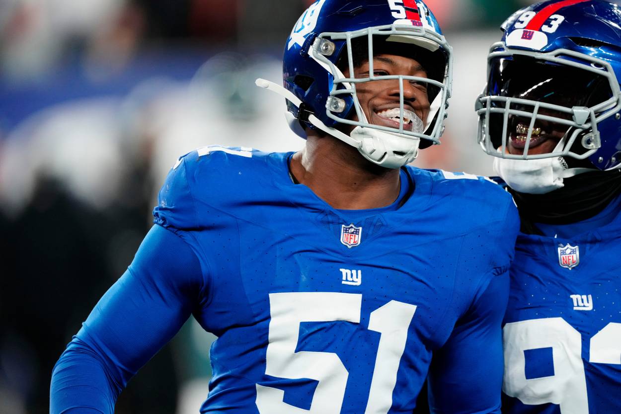 New York Giants linebacker Azeez Ojulari (51), New York Giants defensive tackle Rakeem Nunez-Roches (93) and the rest of Big Blue were all smiles as they beat the Philadelphia Eagles, 27-10, Sunday, January 7, 2024.