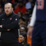 New York Knicks head coach Tom Thibodeau looks on from the bench against the Washington Wizards in the third quarter at Capital One Arena.