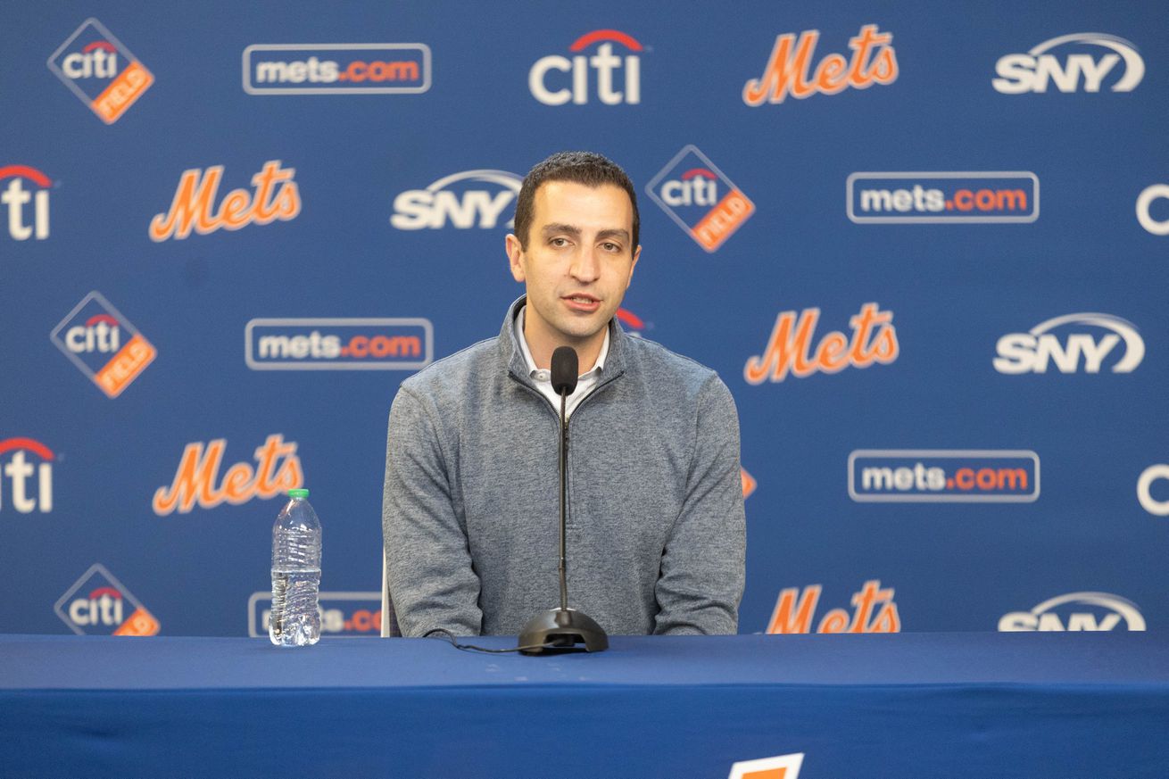 New York Mets president of baseball operations David Stearns at a press conference at Citi Field