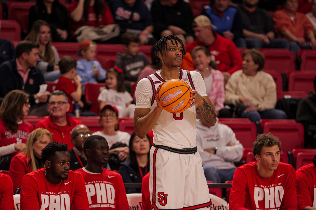 Aaron Scott (#0) gets ready to inbound the ball in a St. John’s Red Storm vs. Towson Tigers exhibition game at Carnesecca Arena in Queens, New York on Saturday, October 26, 2024. Photo courtesy of St. John’s Athletics.