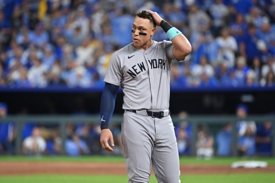 Oct 9, 2024; Kansas City, Missouri, USA; New York Yankees outfielder Aaron Judge (99) reacts in the fifth inning against the Kansas City Royals during game three of the NLDS for the 2024 MLB Playoffs at Kauffman Stadium. Mandatory Credit: Peter Aiken-Imagn Images