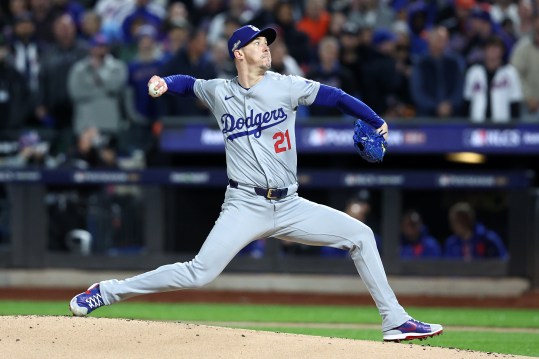 Oct 16, 2024; New York City, New York, USA; Los Angeles Dodgers pitcher Walker Buehler (21) throws a pitch against the New York Mets in the first inning during game three of the NLCS for the 2024 MLB playoffs at Citi Field. Mandatory Credit: Wendell Cruz-Imagn Images, yankees