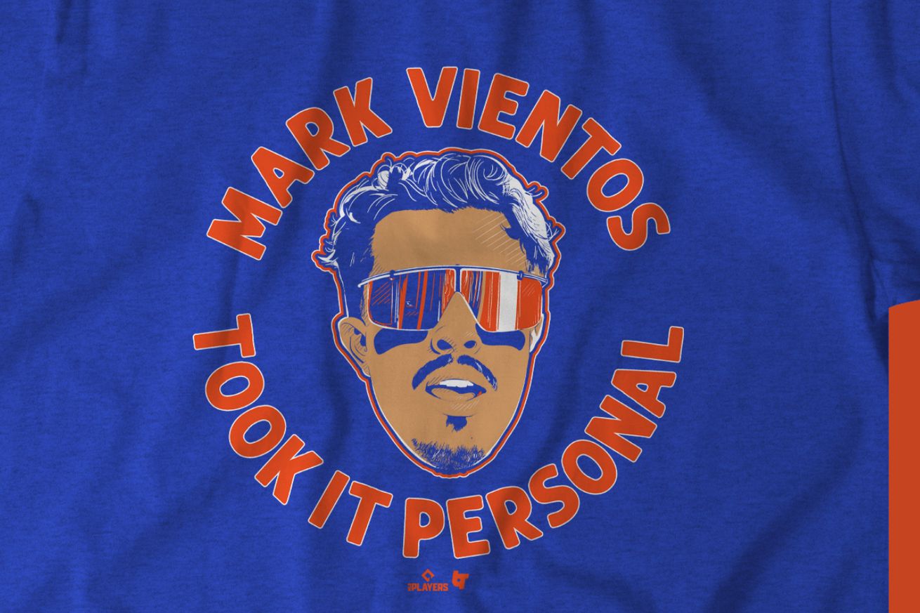 A blue shirt with orange text “Mark Vientos Took it Personal” in a circle around an illustration of Vientos’s head.