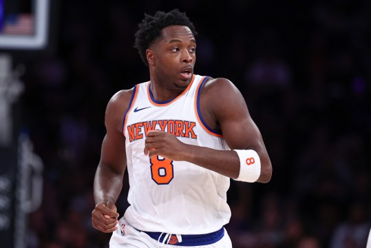 Oct 9, 2024; New York, New York, USA; dNew York Knicks forward OG Anunoby (8) runs up court after a basket against the Washington Wizards uring the first half at Madison Square Garden. Mandatory Credit: Vincent Carchietta-Imagn Images