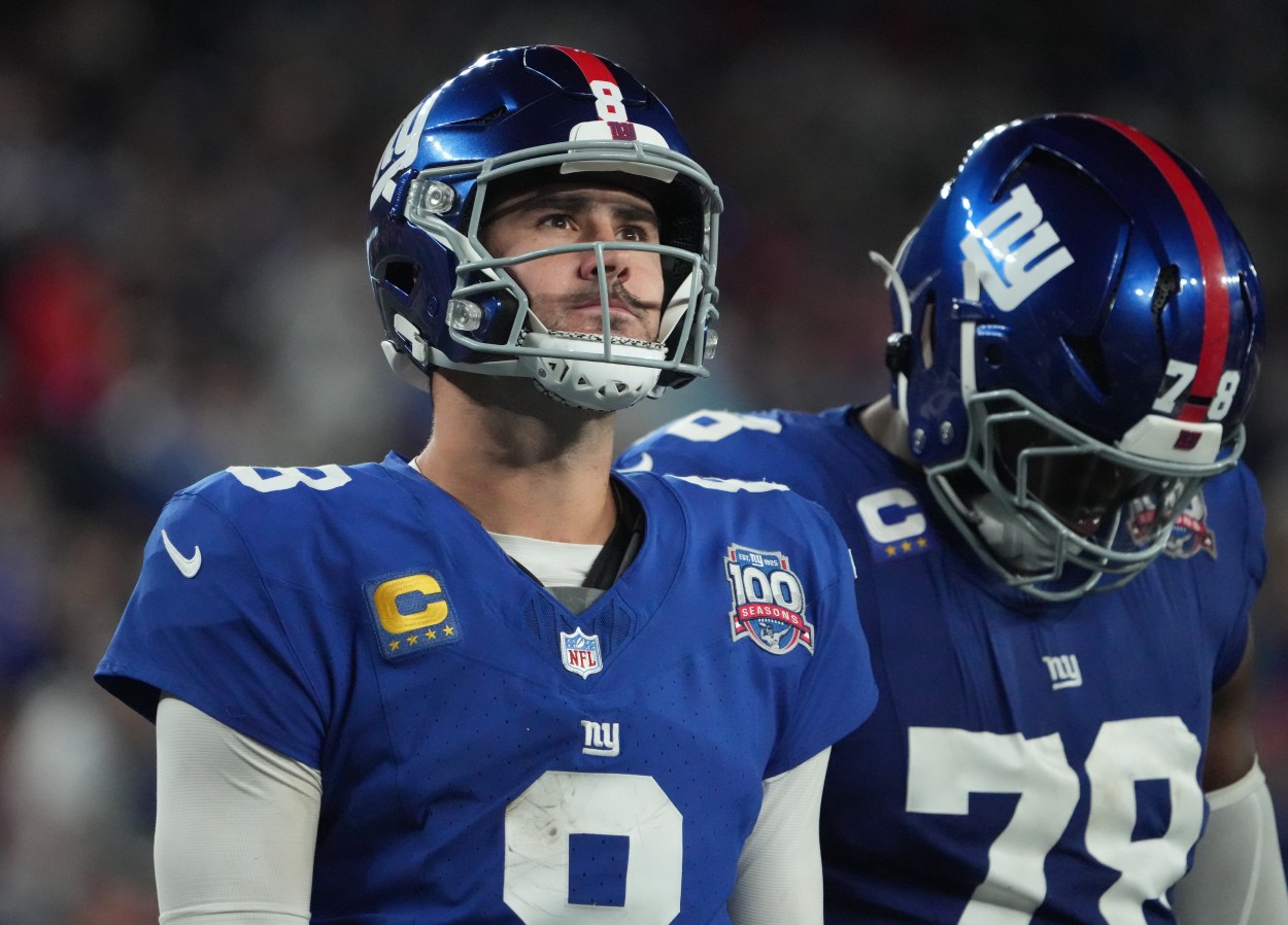 Oct 13, 2024; East Rutherford, New Jersey, USA;  New York Giants quarterback Daniel Jones (8) after a incomplete pass against the Cincinnati Bengals during the second half at MetLife Stadium. Mandatory Credit: Robert Deutsch-Imagn Images