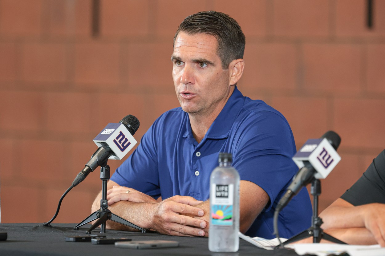 Jul 24, 2024; East Rutherford, NJ, USA; New York Giants general manager Joe Schoen talks to media before the start of training camp at Quest Diagnostics Training Facility. Mandatory Credit: Vincent Carchietta-Imagn Images