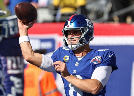 Oct 20, 2024; East Rutherford, New Jersey, USA; New York Giants quarterback Daniel Jones (8) warms up before the game against the Philadelphia Eagles at MetLife Stadium. Mandatory Credit: Vincent Carchietta-Imagn Images