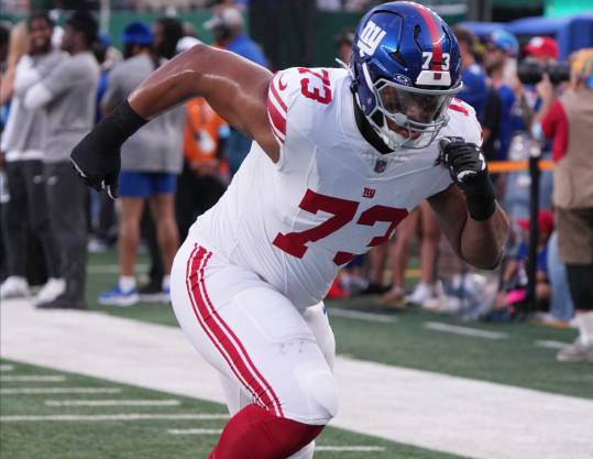 East Rutherford, NJ -- August 24, 2024 -- Evan Neal of the Giants before the game. The New York Giants and New York Jets meet at MetLife Stadium in the final preseason game of the 2024 season for both teams.