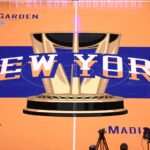 Nov 24, 2023; New York, New York, USA; General view of the in-season tournament court logo during warmups before a game between the New York Knicks and the Miami Heat at Madison Square Garden. Mandatory Credit: Brad Penner-USA TODAY Sports