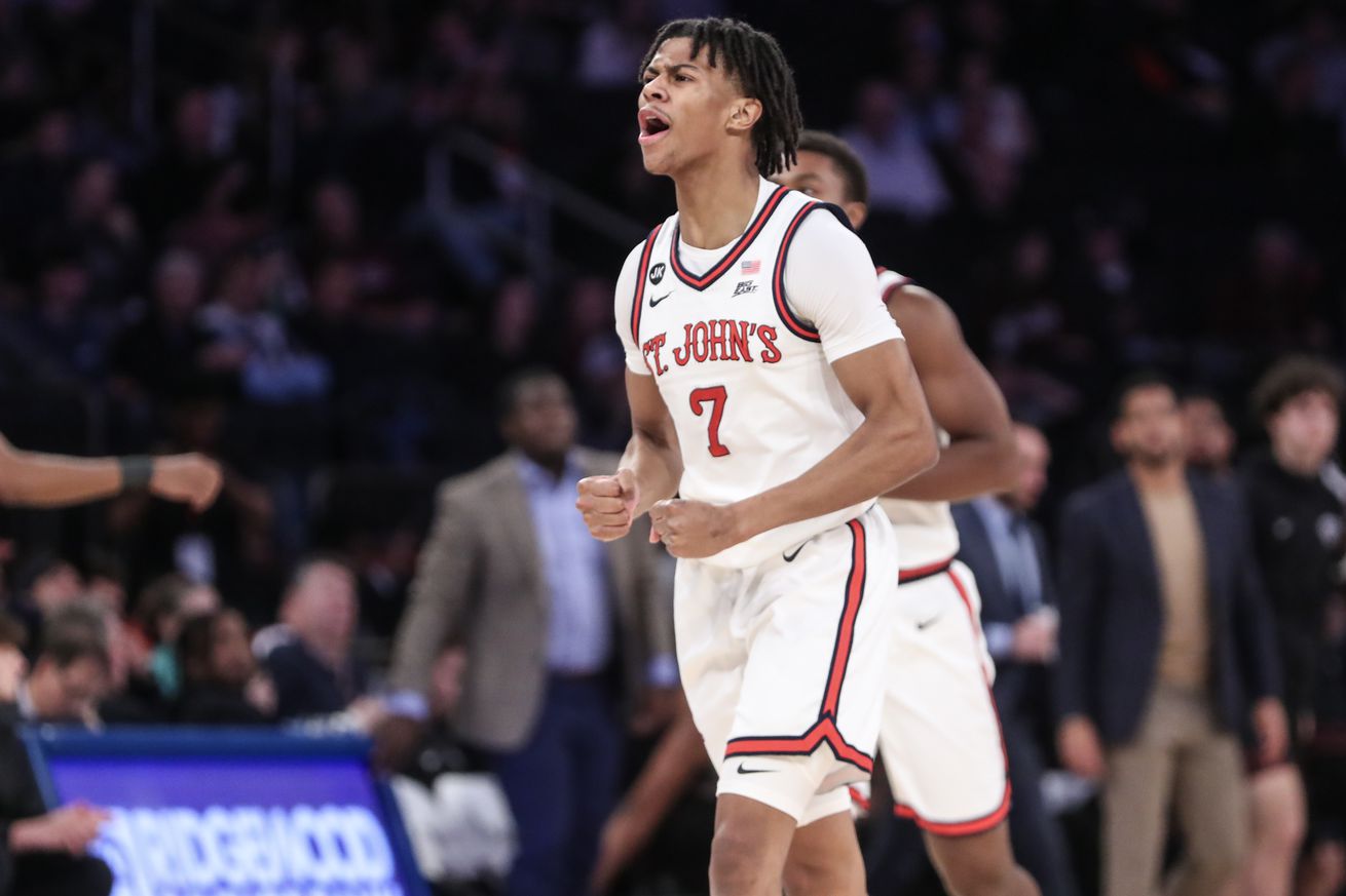 St. John’s Red Storm guard Simeon Wilcher (7) celebrates after the Fordham Rams call a timeout in the first half at Madison Square Garden. Mandatory Credit: Wendell Cruz