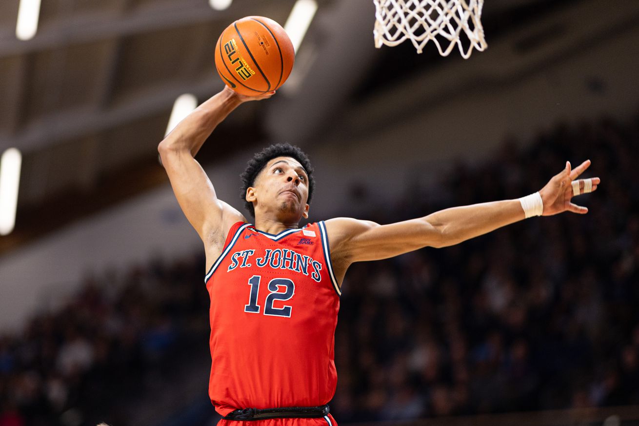 St. John’s Red Storm guard RJ Luis Jr. (12) dunks the ball against the Villanova Wildcats during the second half at William B. Finneran Pavilion. Mandatory Credit: Bill Streicher-Imagn Images