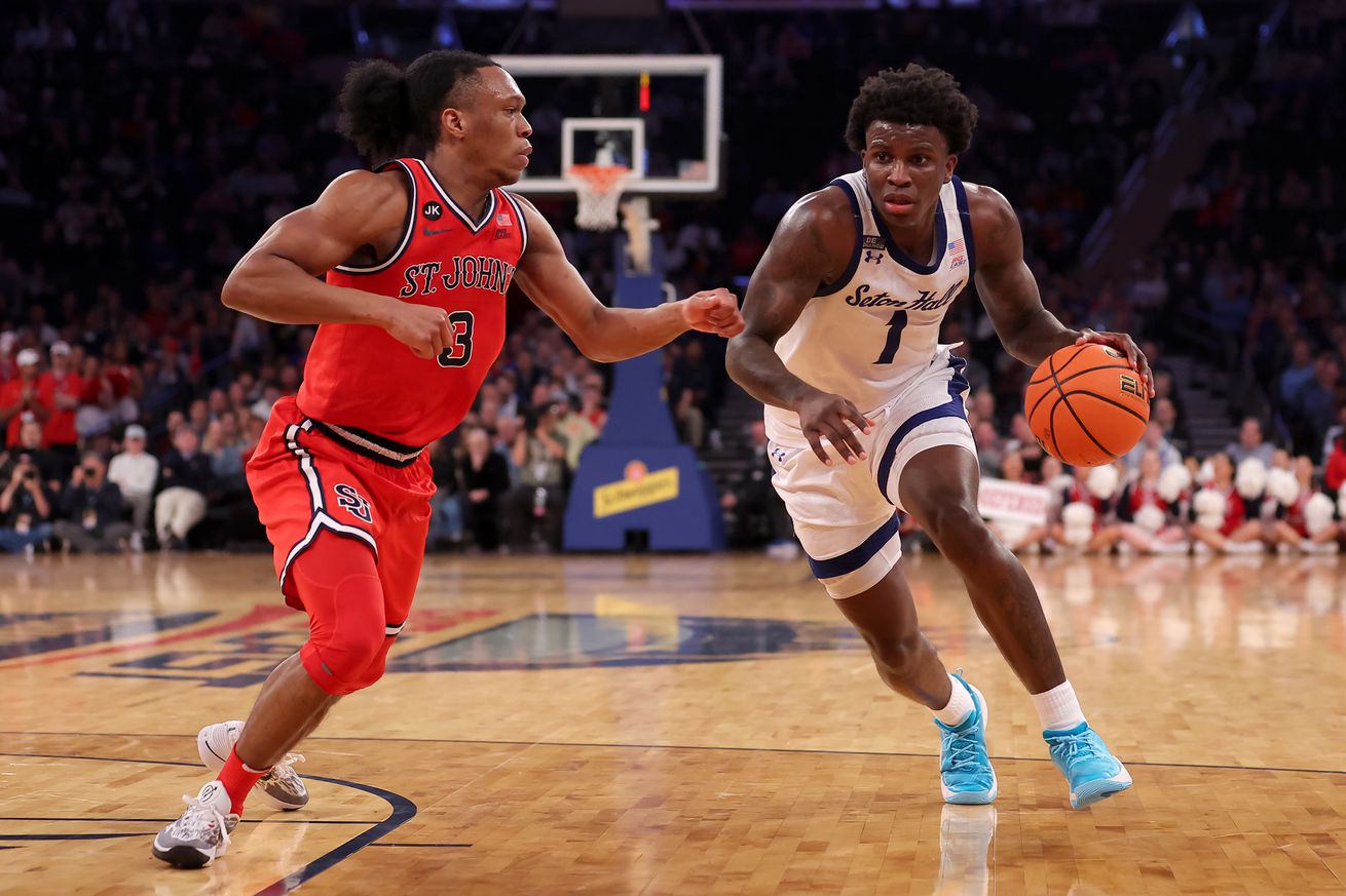 Seton Hall Pirates guard Kadary Richmond (1) drives to the basket against St. John’s Red Storm guard Jordan Dingle (3) during the second half at Madison Square Garden. Mandatory Credit: Brad Penner