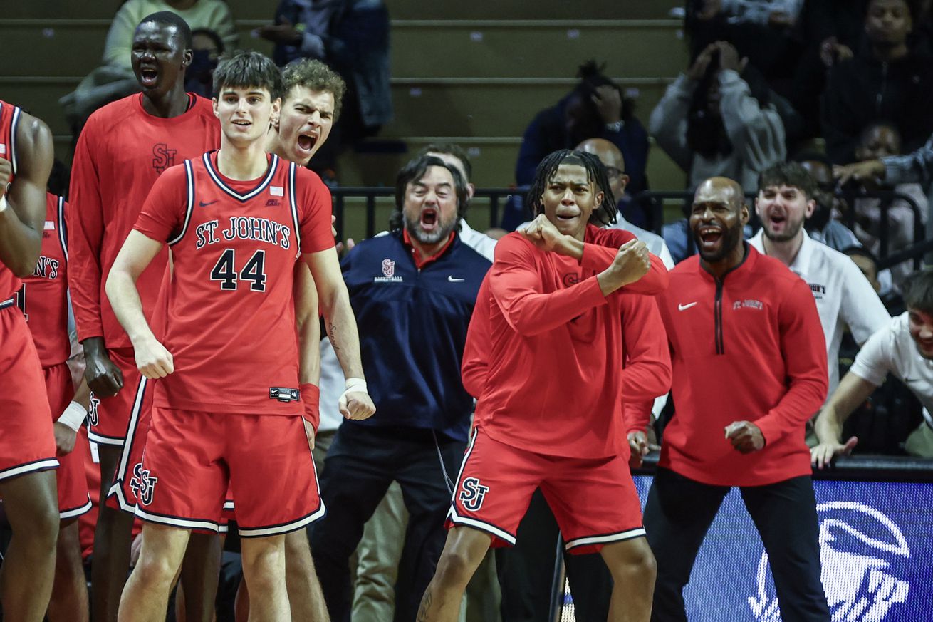 The St. John’s Red Storm bench celebrates in the second half against the Rutgers Scarlet Knights at Jersey Mike’s Arena. Mandatory Credit: Wendell Cruz-Imagn Images