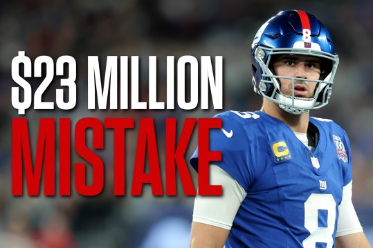 Oct 13, 2024; East Rutherford, New Jersey, USA; New York Giants quarterback Daniel Jones (8) reacts during the third quarter against the Cincinnati Bengals at MetLife Stadium. Mandatory Credit: Brad Penner-Imagn Images