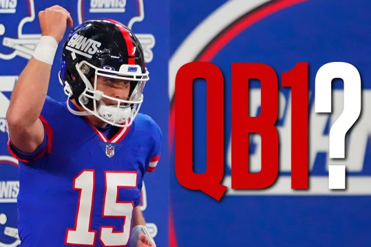 Dec 11, 2023; East Rutherford, New Jersey, USA; New York Giants quarterback Tommy DeVito (15) reacts before the game against the Green Bay Packers at MetLife Stadium. Mandatory Credit: Robert Deutsch-Imagn Images