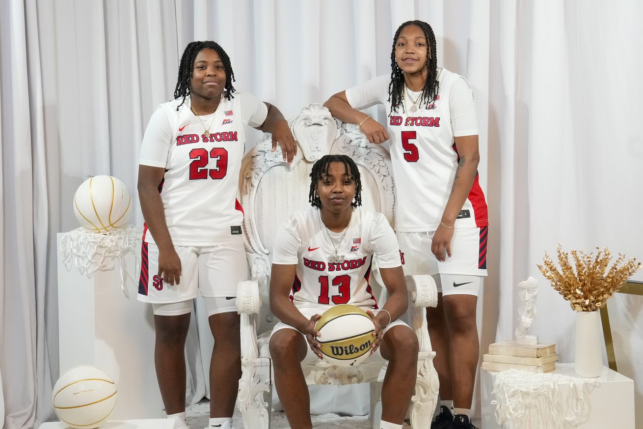 (From left to right) St. John’s Red Storm guard Ber’Nyah Mayo #23, guard Lashae Dwyer 13, guard Jailah Donald #5 during Big East Conference Basketball media day at Madison Square Garden on October 23, 2024 in New York City.