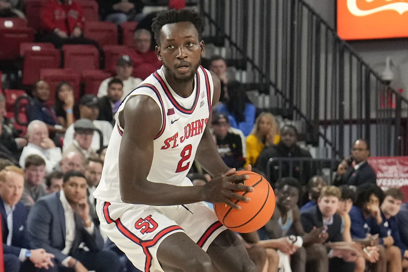 NEW YORK, NY - NOVEMBER 9: Sadiku Ibine Ayo #2 of the St. John’s Red Storm dribbles the ball during the second half of a college basketball game against the Quinnipiac Bobcats at Carnesecca Arena on November 9, 2024 in the Queens borough of New York City.