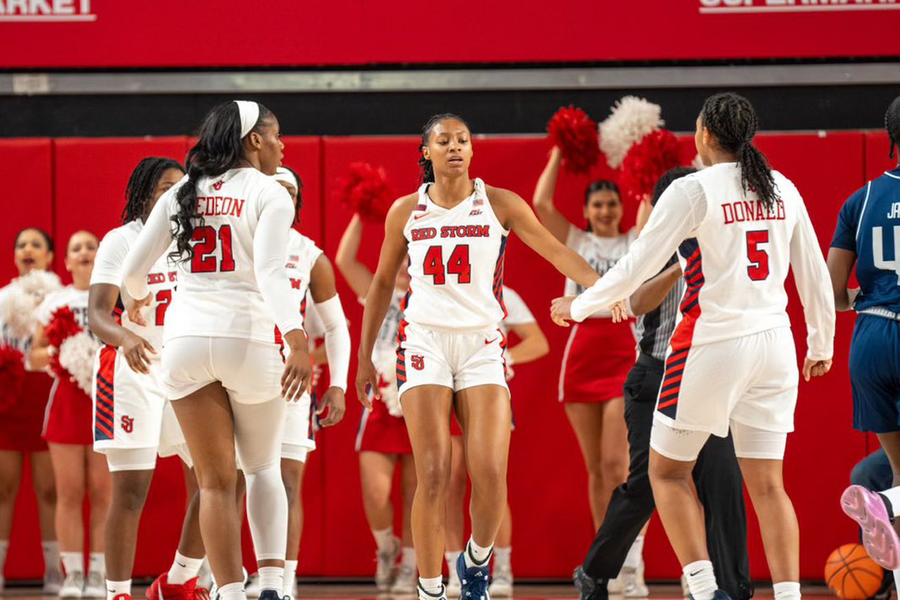 Tara Daye (#44) high-fives Jailah Donald (#5) on the court of Carnesecca Arena during St. John’s women’s basketball’s 80-39 win over Saint Peter’s on November 4, 2024