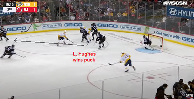 Hischier Goal #1: Luke Hughes won the puck