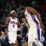 Philadelphia 76ers guard Tyrese Maxey (0) and center Joel Embiid (21)