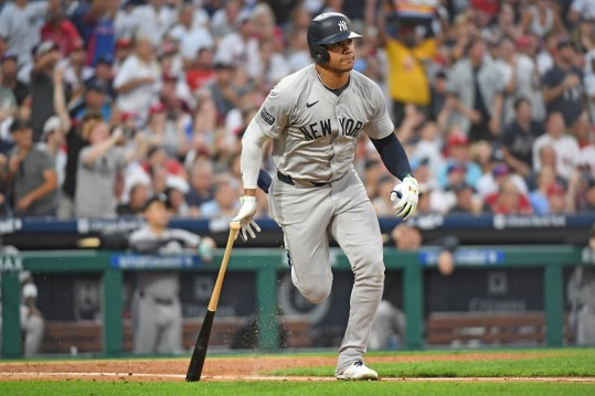 Jul 29, 2024; Philadelphia, Pennsylvania, USA;  New York Yankees outfielder Juan Soto (22) hits a two RBI double against the Philadelphia Phillies during the fifth inning at Citizens Bank Park. Mandatory Credit: Eric Hartline-Imagn Images