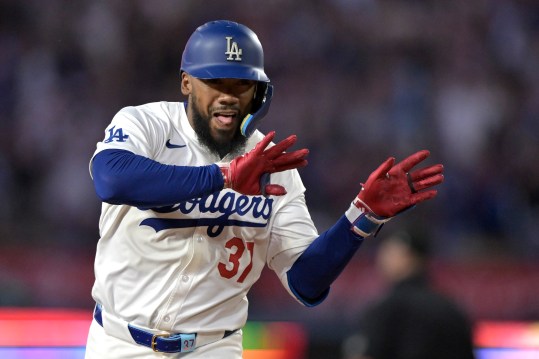 Aug 5, 2024; Los Angeles, California, USA;   Los Angeles Dodgers left fielder Teoscar Hernandez (37) celebrates as he rounds the bases after hitting a two-run home run in the third inning against the Philadelphia Phillies at Dodger Stadium. Mandatory Credit: Jayne Kamin-Oncea-Imagn Images