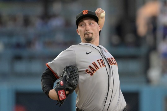 Jul 22, 2024; Los Angeles, California, USA;  San Francisco Giants starting pitcher Blake Snell (7) delivers to the plate in the second inning against the Los Angeles Dodgers at Dodger Stadium. Mandatory Credit: Jayne Kamin-Oncea-Imagn Images