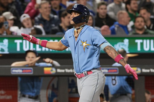 May 17, 2023; New York City, New York, USA;Tampa Bay Rays center fielder Jose Siri (22) celebrates after hitting a solo home run during the seventh inning against the New York Mets at Citi Field. Mandatory Credit: Vincent Carchietta-Imagn Images