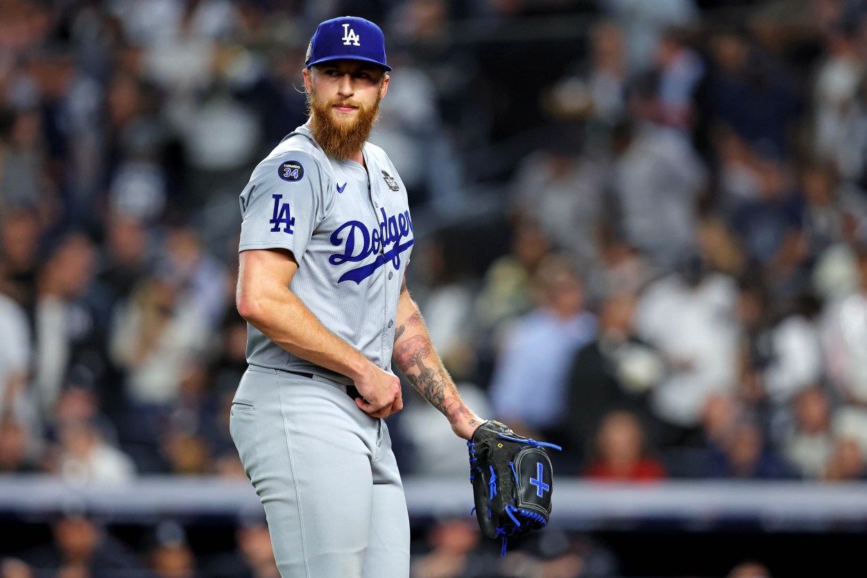 Oct 30, 2024; New York, New York, USA; Los Angeles Dodgers pitcher Michael Kopech (45) reacts during the fifth inning against the New York Yankees in game four of the 2024 MLB World Series at Yankee Stadium. Mandatory Credit: Brad Penner-Imagn Images