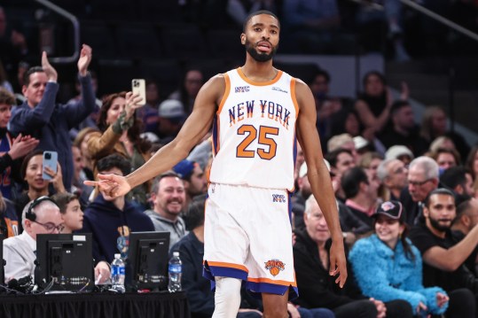 Nov 17, 2024; New York, New York, USA;  New York Knicks forward Mikal Bridges (25) gestures after making a three-point shot in the second quarter against the Brooklyn Nets at Madison Square Garden. Mandatory Credit: Wendell Cruz-Imagn Images