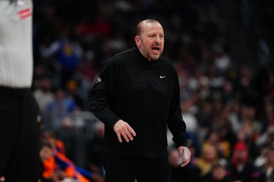 Nov 25, 2024; Denver, Colorado, USA; New York Knicks head coach Tom Thibodeau during the second half against the Denver Nuggets at Ball Arena. Mandatory Credit: Ron Chenoy-Imagn Images