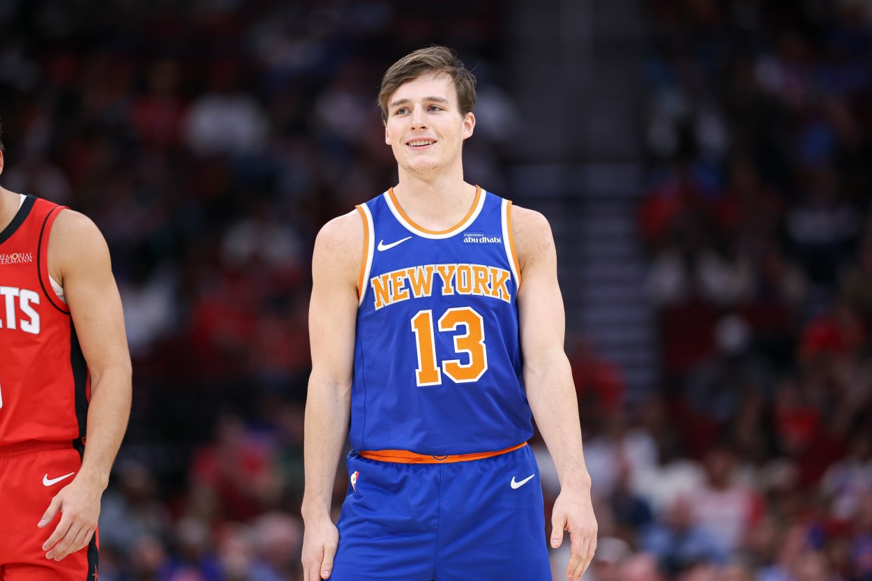 Nov 4, 2024; Houston, Texas, USA; New York Knicks guard Tyler Kolek (13) during the game against the Houston Rockets at Toyota Center. Mandatory Credit: Troy Taormina-Imagn Images