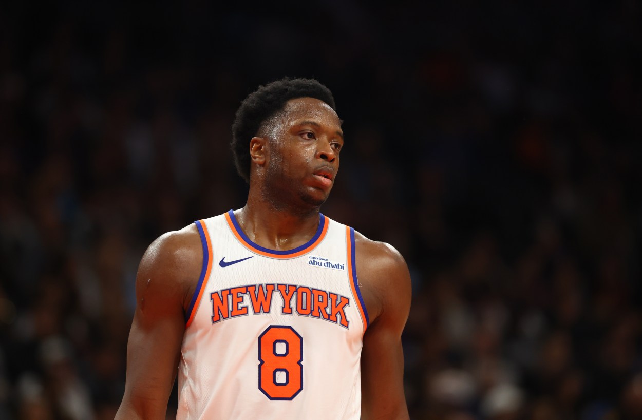 Nov 20, 2024; Phoenix, Arizona, USA; New York Knicks forward OG Anunoby (8) against the Phoenix Suns at Footprint Center. Mandatory Credit: Mark J. Rebilas-Imagn Images